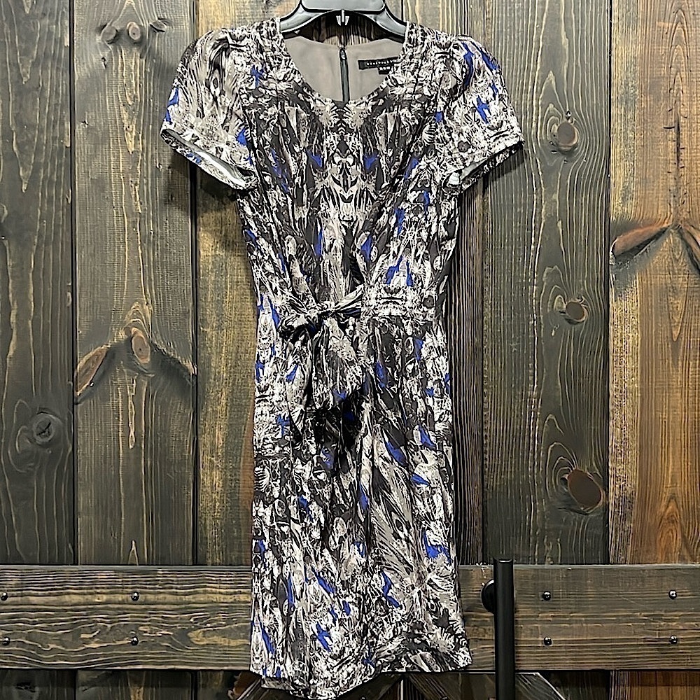 Numerous Viki Black Blue Abstract Print Faux Wrap Dress XS Dark Indie Artsy Chic